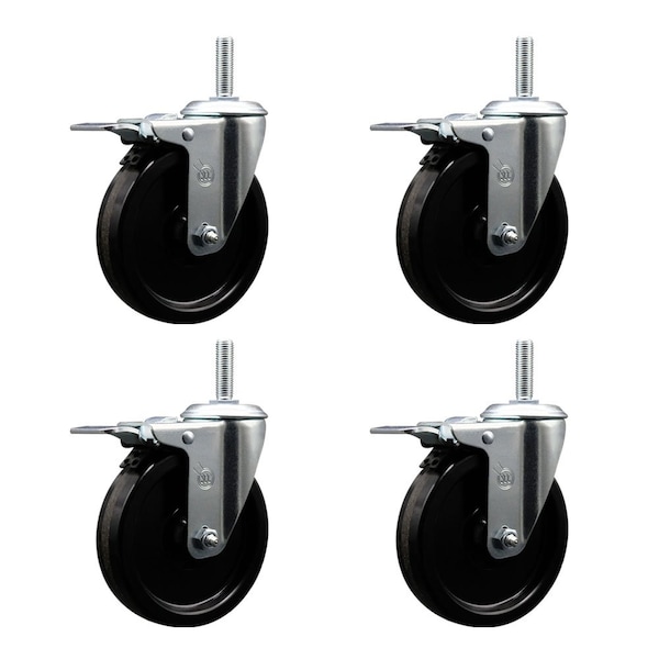5 Inch Phenolic Swivel 58 Inch Threaded Stem Caster Set with Total Lock Brake